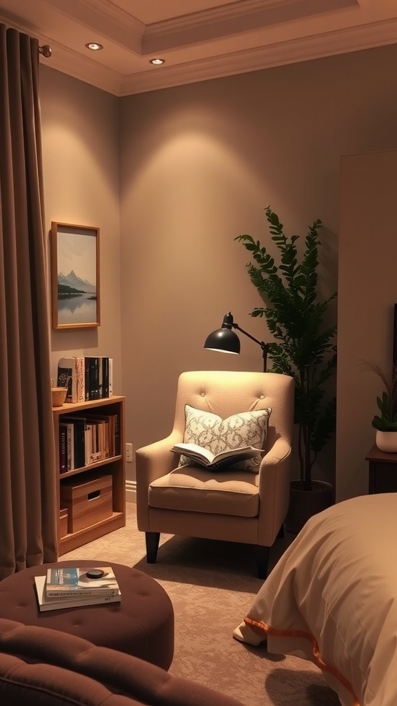 Cozy reading nook with a comfortable chair, bookshelves, soft lighting, and plants.