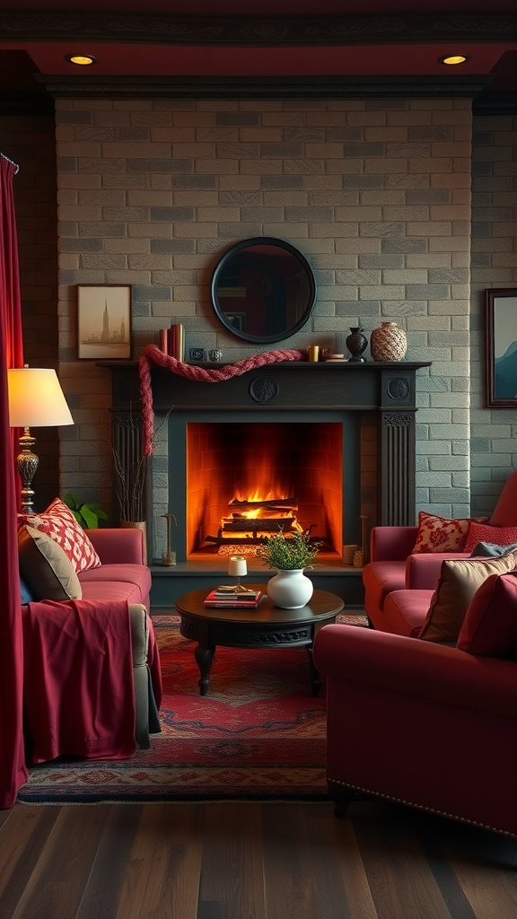 A cozy living room with a jewel tone couch, a fireplace, and rich textiles creating warmth.