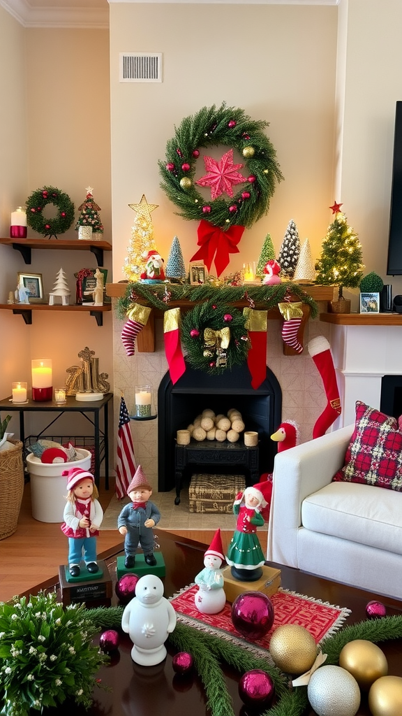 A cozy living room decorated for Christmas with a festive mantle, colorful ornaments, and cheerful figurines.