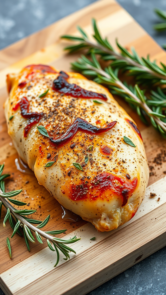 Juicy chicken breast garnished with Italian spices on a wooden board