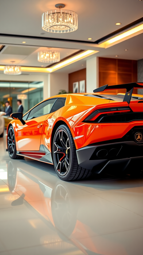 Lamborghini Huracán Tecnica displayed in a luxury showroom, showcasing its sleek design and vibrant orange color.