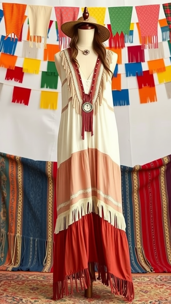 A layered bohemian maxi dress with fringe detailing displayed on a mannequin