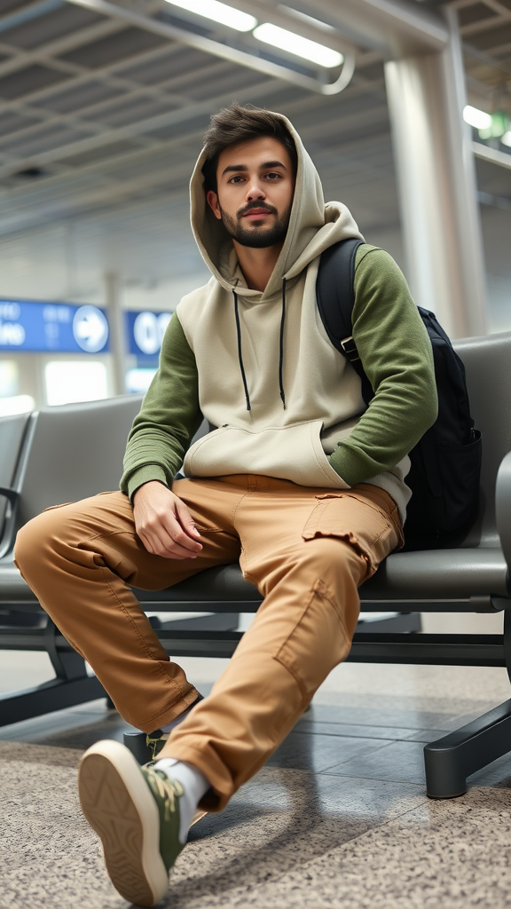 A young man wearing a layered hoodie and cargo pants, sitting in an airport terminal.