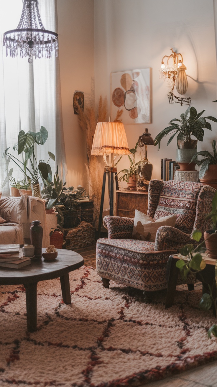 Cozy Boho living room with layered lighting including a chandelier and floor lamp, decorated with plants and a patterned rug.
