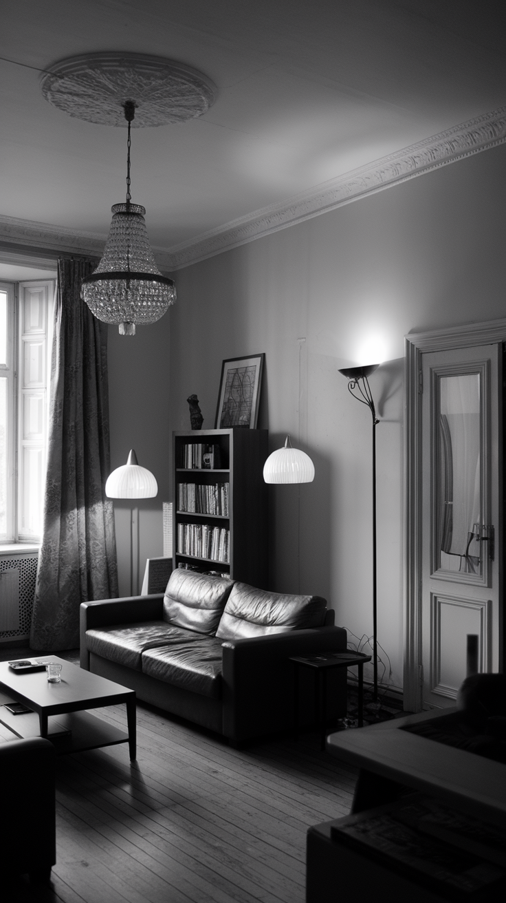 A black and white living room featuring layered lighting with a chandelier and floor lamps.
