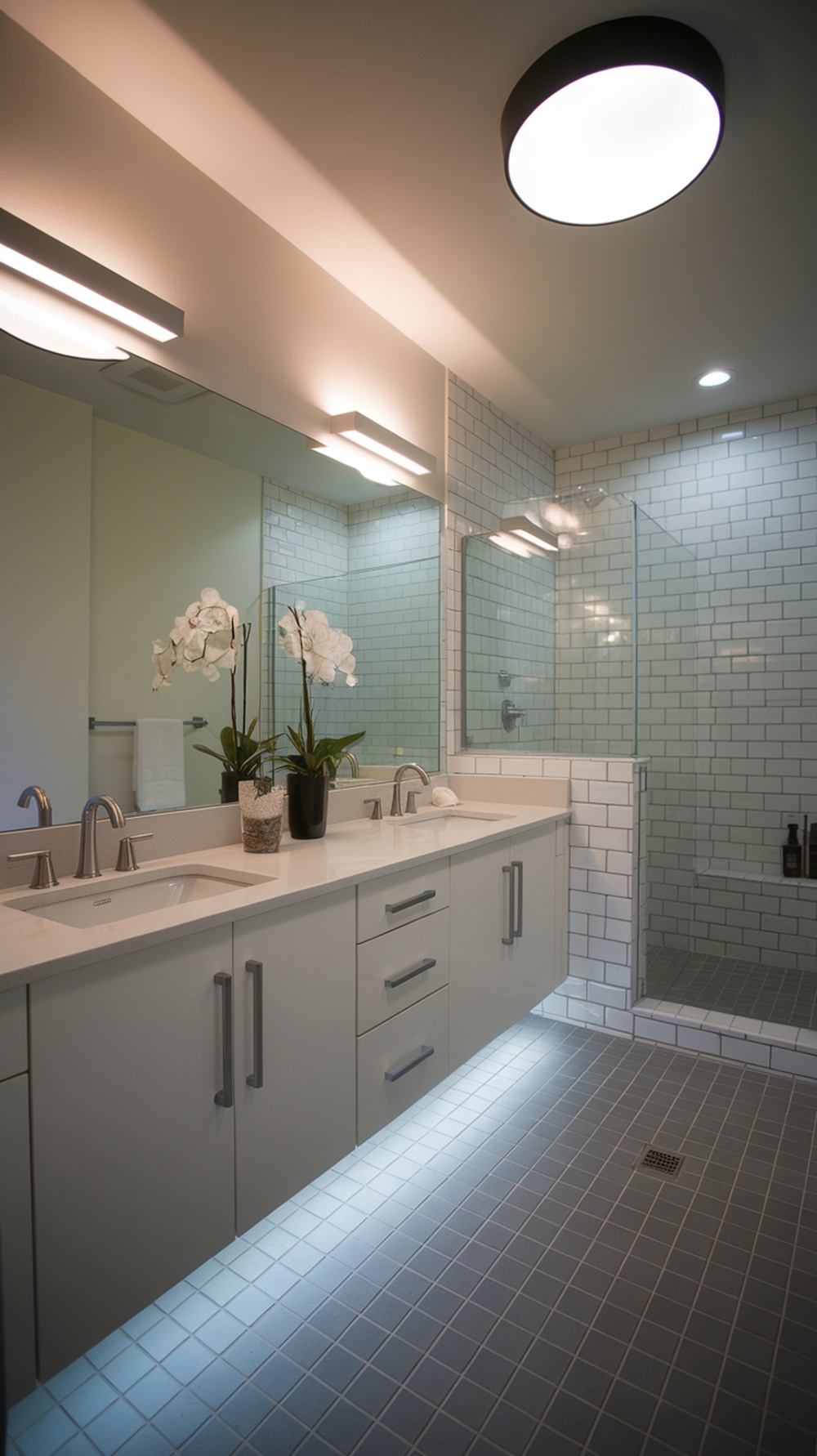 Modern bathroom with layered lighting featuring overhead lights and mirror lights