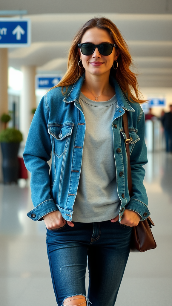 A stylish woman wearing a denim jacket with sunglasses and a casual outfit in an airport setting.