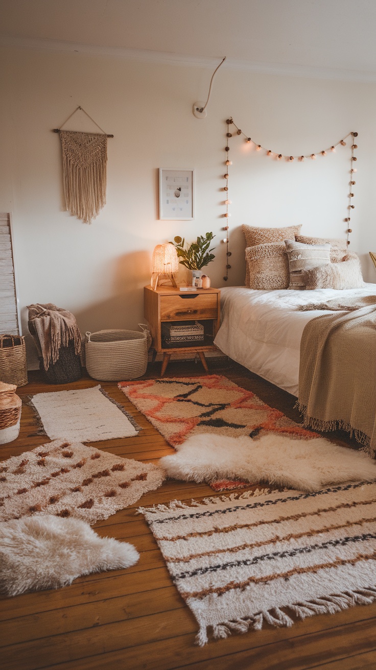 A cozy bedroom featuring layered rugs on a wooden floor, with a neatly made bed and warm lighting.