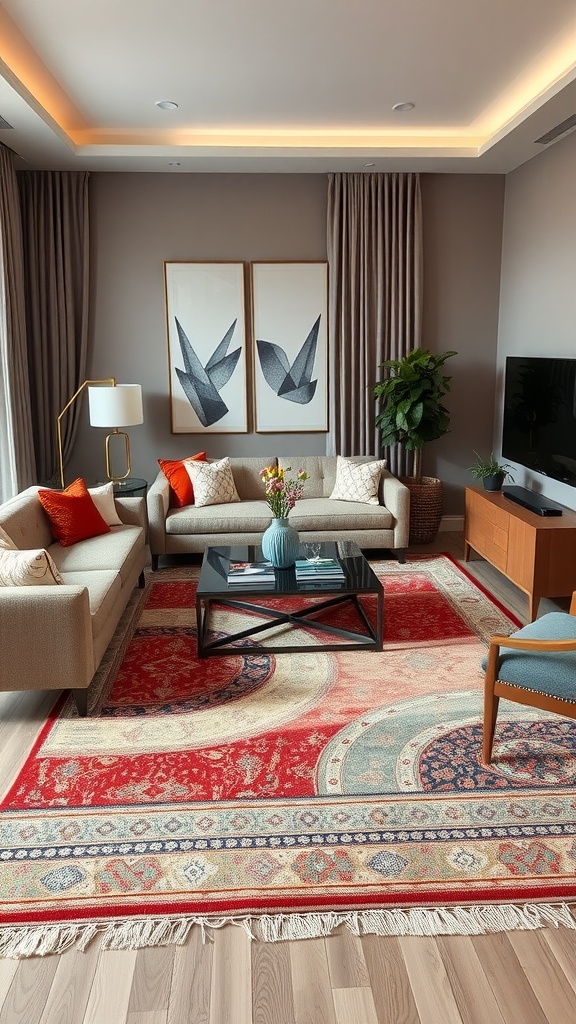 Cozy living room with layered rugs featuring rich jewel tones and a comfortable seating arrangement.
