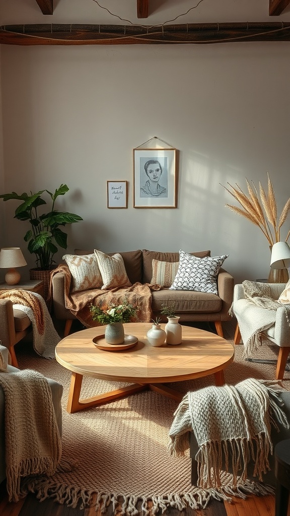 Cozy living room with layered textiles, featuring a central coffee table surrounded by comfortable seating and decorative elements.