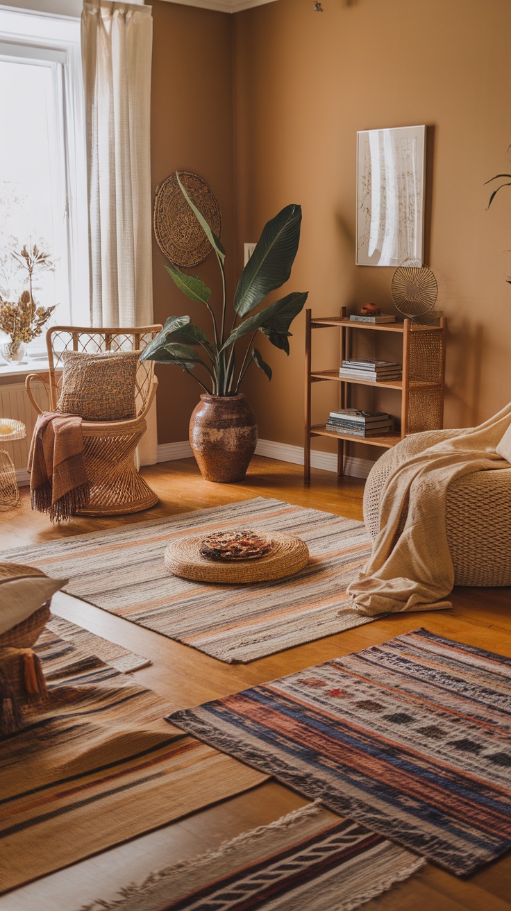 A cozy Boho living room with layered textiles, including rugs and a knitted blanket, creating a warm atmosphere.