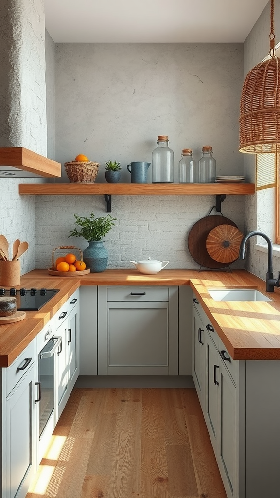 A cozy cottage kitchen with wooden countertops, open shelves, and warm lighting.