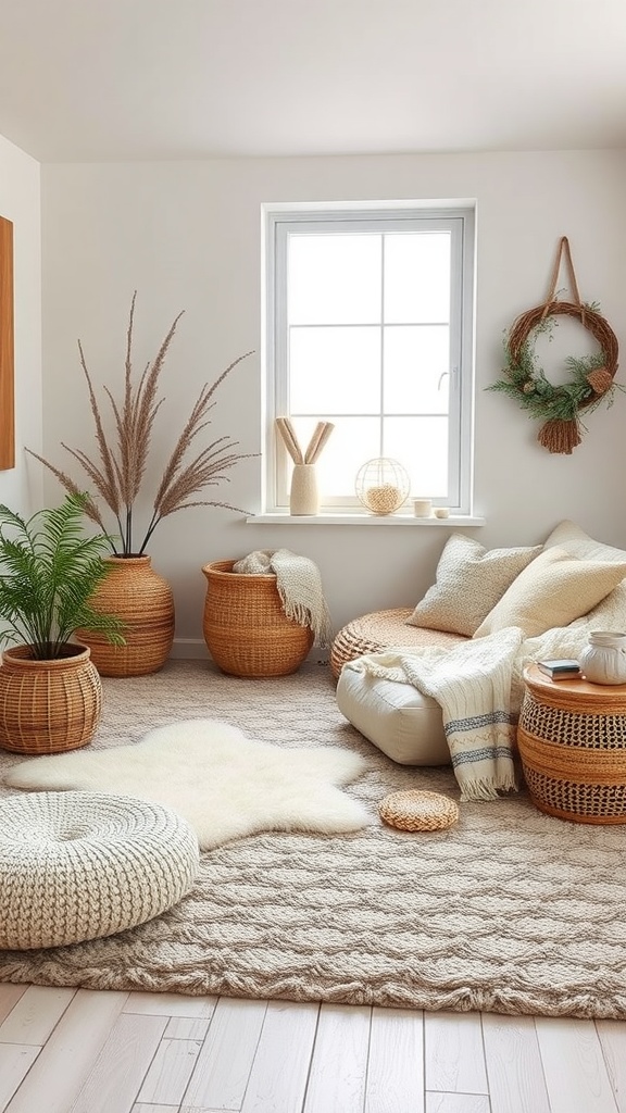 Cozy room with layered textures including a plush rug, woven baskets, and plants.