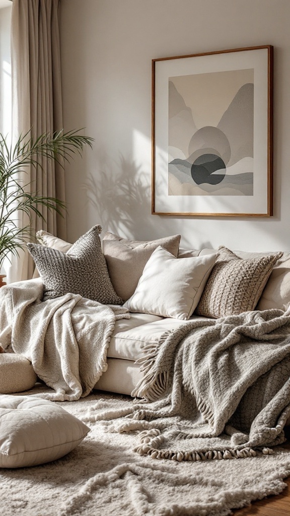 A cozy living room with layered textures including a sofa with various cushions and throws, natural light, and wall art.