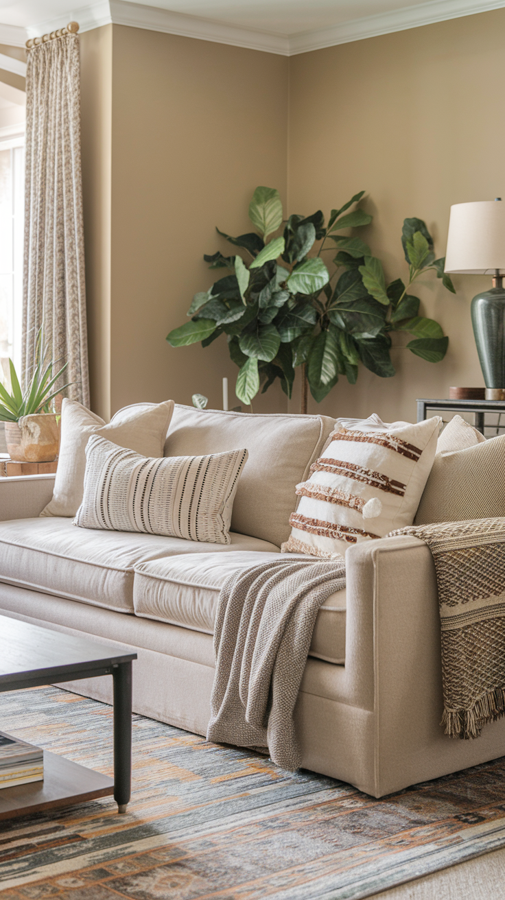 A cozy living room with a light-colored sofa, layered pillows, a knit blanket, and a leafy plant, capturing a warm and inviting atmosphere.