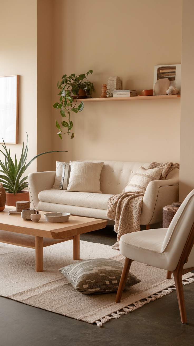 A modern living room featuring a beige sofa with pillows, a wooden coffee table, decorative plants, and a cozy area rug.