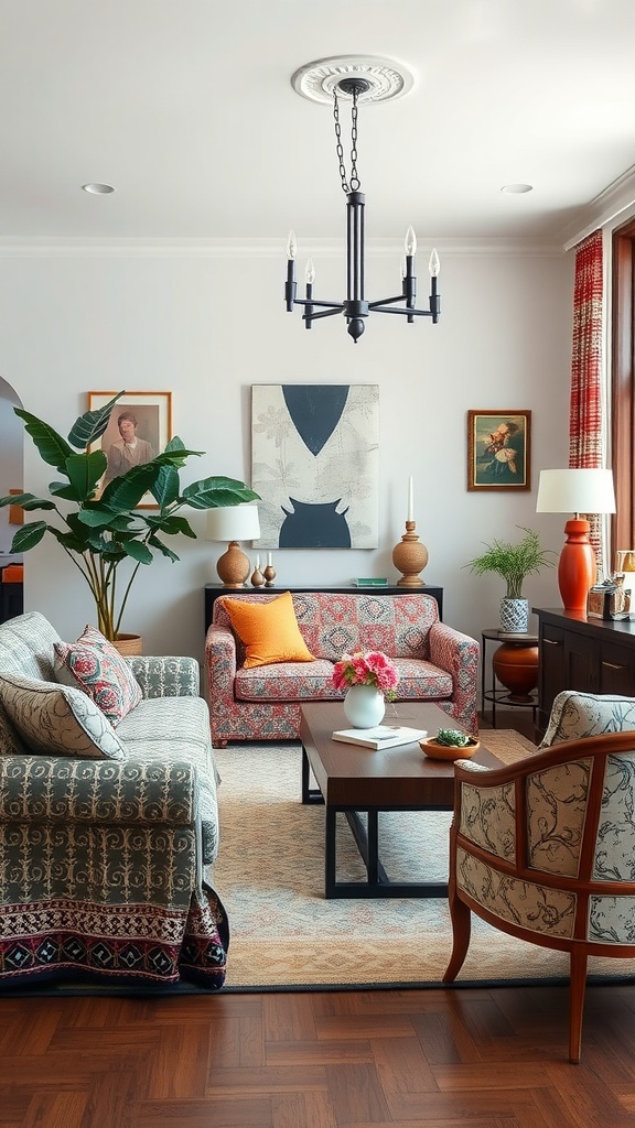 Cozy living room with layered textiles and jewel tones, featuring patterned sofas and decorative plants.