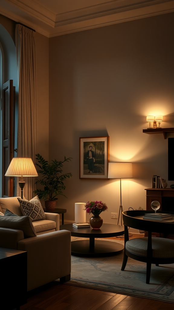 Cozy living room with layered lighting and warm tones