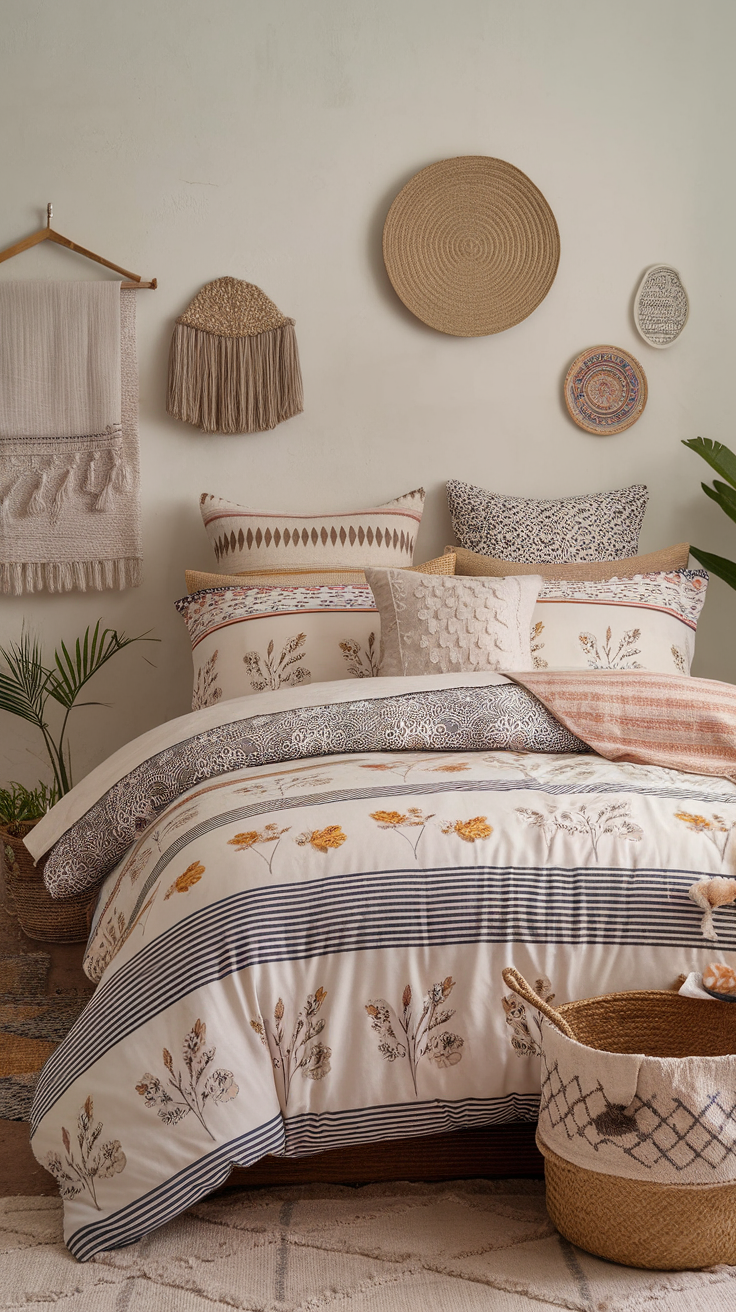 Layered bedding with floral and striped patterns, accompanied by decorative pillows and a woven basket.