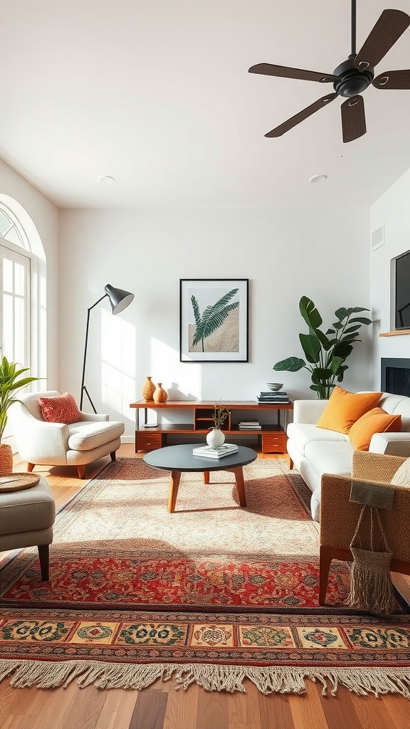 A living room with layered rugs, featuring a patterned rug on top of a neutral one, surrounded by stylish furniture and plants.