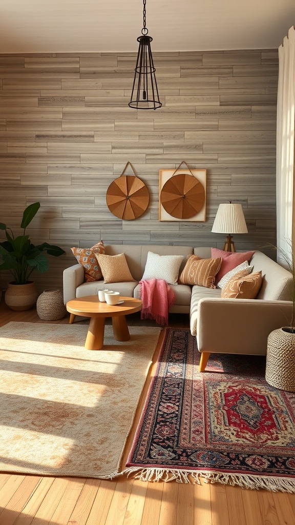 A cozy living room featuring layered rugs, a sofa, and warm decor.