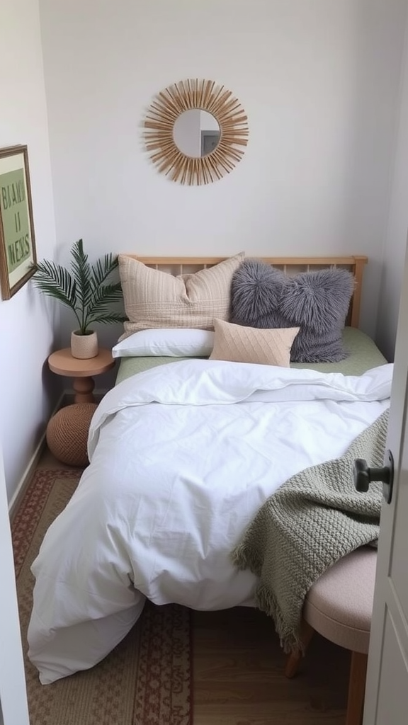 Cozy small bedroom with layered textiles on bed featuring pillows and a green blanket, along with a mirror and decorative plant.