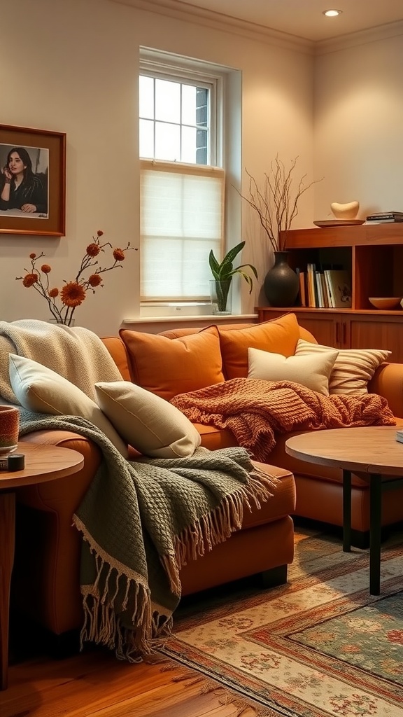 A cozy organic modern living room with layered textiles on a sofa, including cushions and throws.