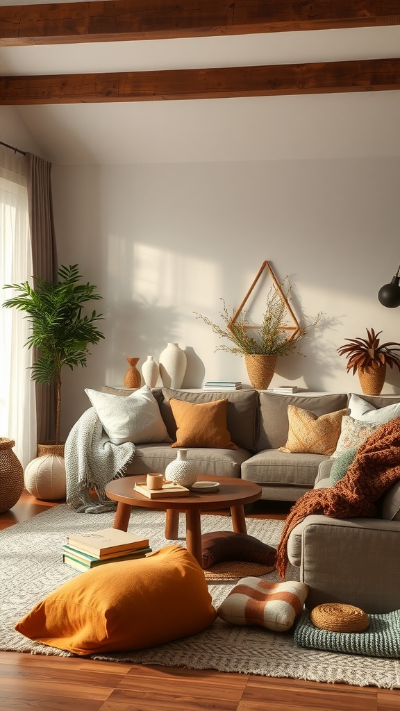 A cozy living room with layered textiles, featuring colorful cushions and throws.