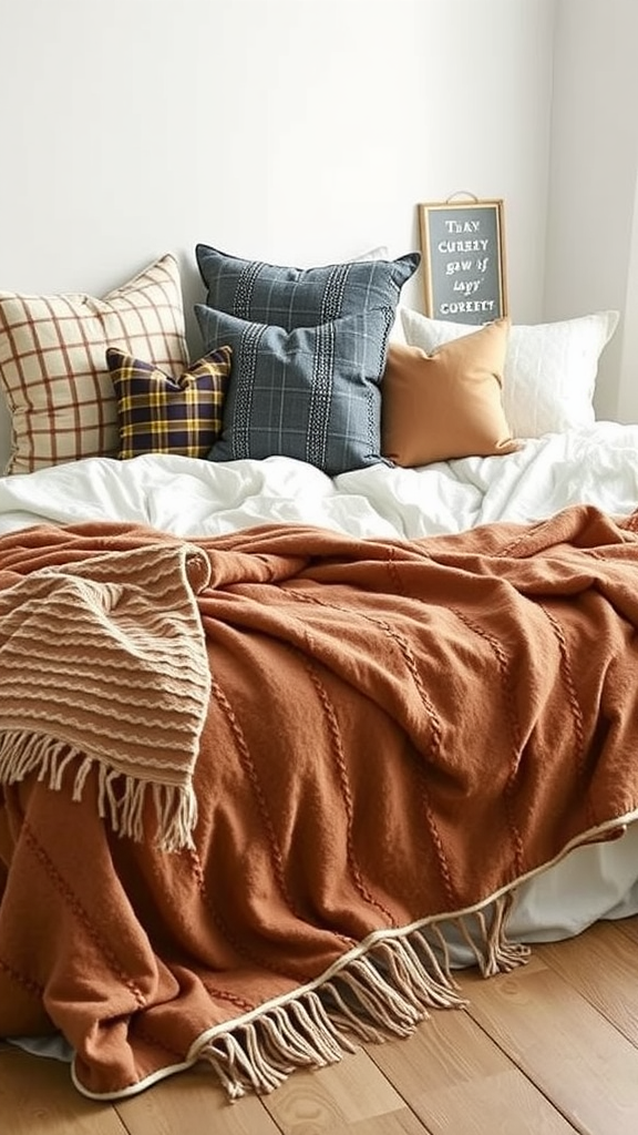 A cozy bed with layered textiles including an orange throw, various patterned pillows, and neutral bedding, complemented by a simple wall decoration.