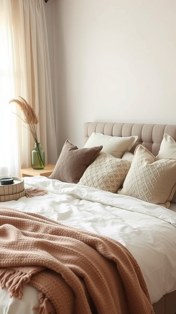 Cozy bedroom with layered textures including pillows and blankets