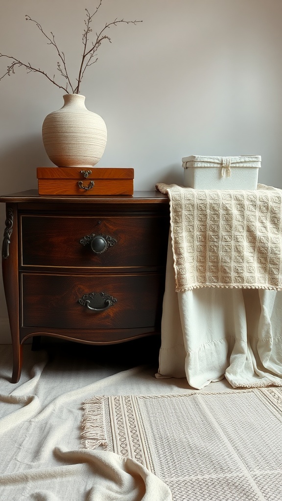 A dresser with a ceramic vase, wooden box, white storage box, and woven textiles.