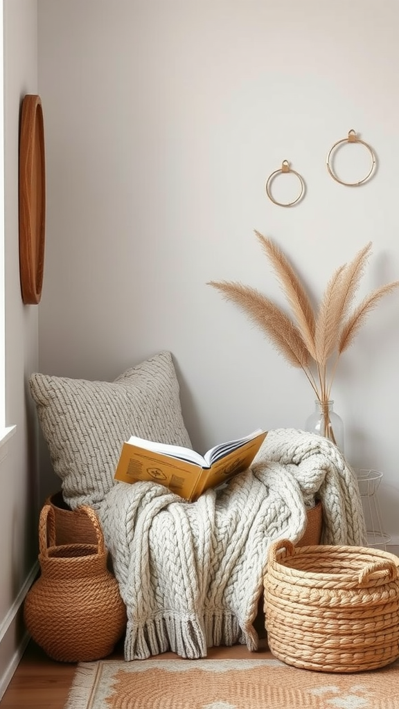 A cozy reading nook with a knitted blanket, woven baskets, and pampas grass, showcasing layered textures in a neutral decor style.