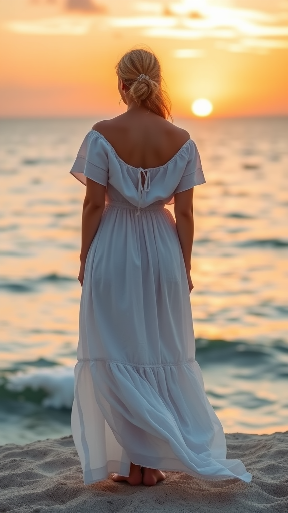 A woman in a lightweight cotton dress standing on the beach during sunset.