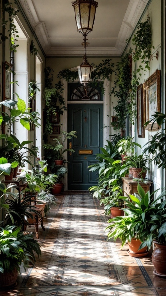 A Victorian hallway adorned with lush indoor plants, showcasing a blend of elegance and nature.