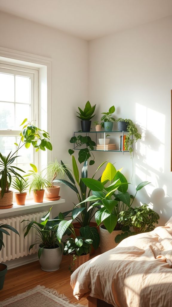 A cozy bedroom corner filled with various indoor plants by a sunlit window