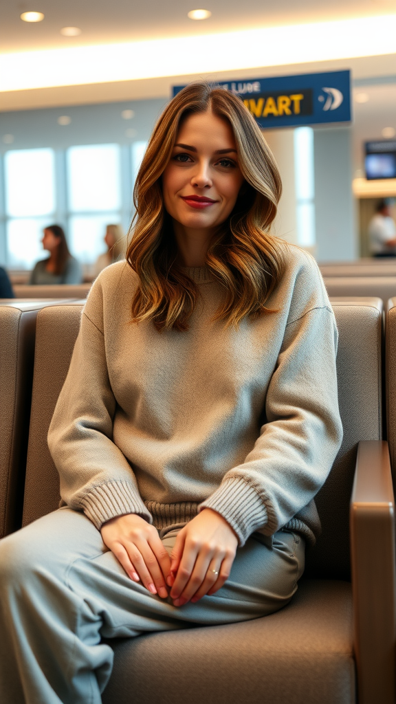 A woman sitting in an airport lounge wearing a cashmere sweater and joggers, showcasing a chic travel outfit.