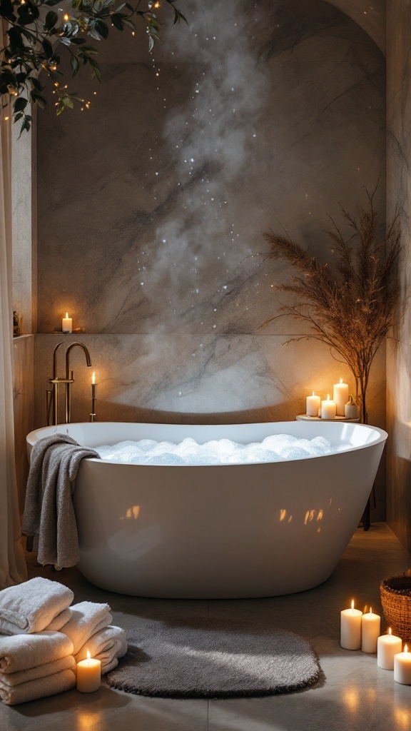A luxurious bathroom featuring a freestanding tub surrounded by candles and towels, creating a relaxing atmosphere.