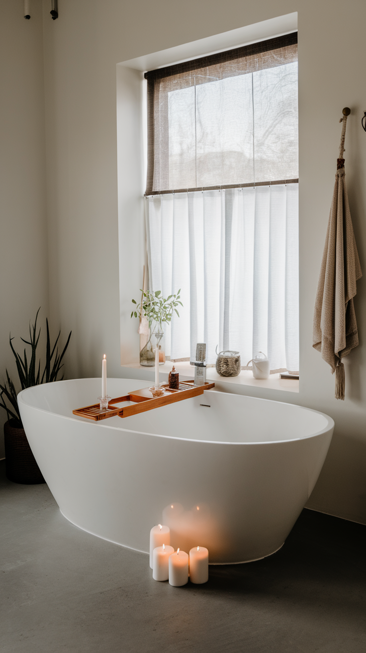A modern freestanding bathtub with a wooden tray, candles, and natural light from a window