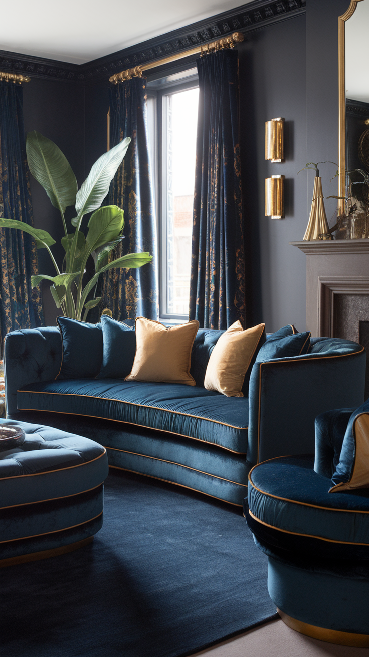 Luxurious living room featuring a blue velvet sofa with golden accents, stylish cushions, and elegant curtains.