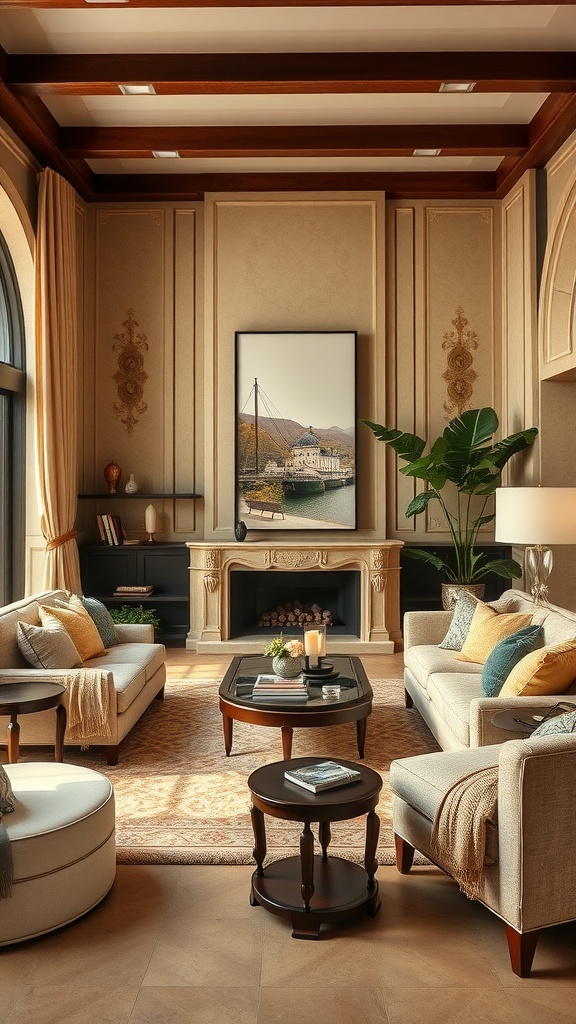 Luxurious living room with textured layers, featuring soft sofas, elegant coffee table, and warm artwork.