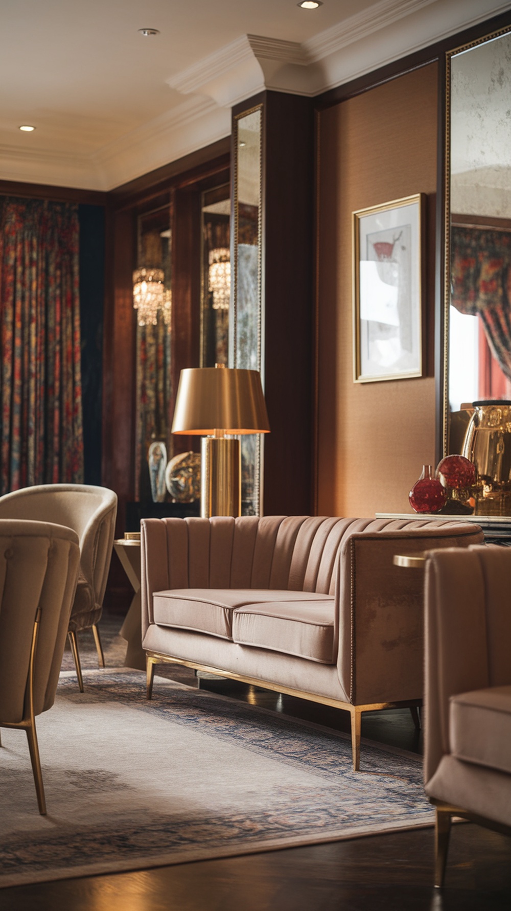 Luxurious living room with velvet sofa, gold accents, and rich curtains