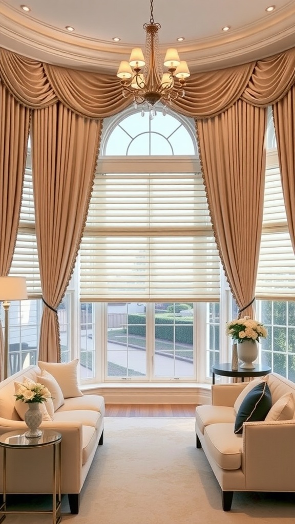 A luxurious living room with elegant window treatments, including drapes and blinds, and stylish furniture.
