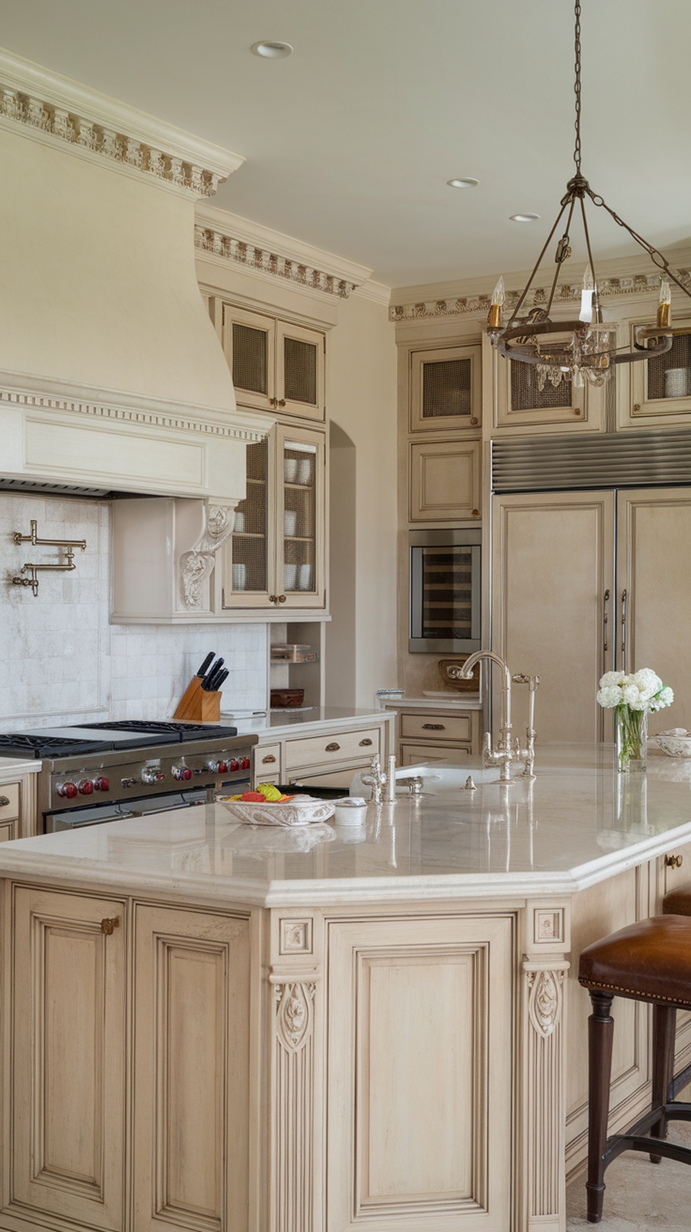 Luxurious kitchen featuring stylish low cabinets, shaker cabinets, and marble countertops