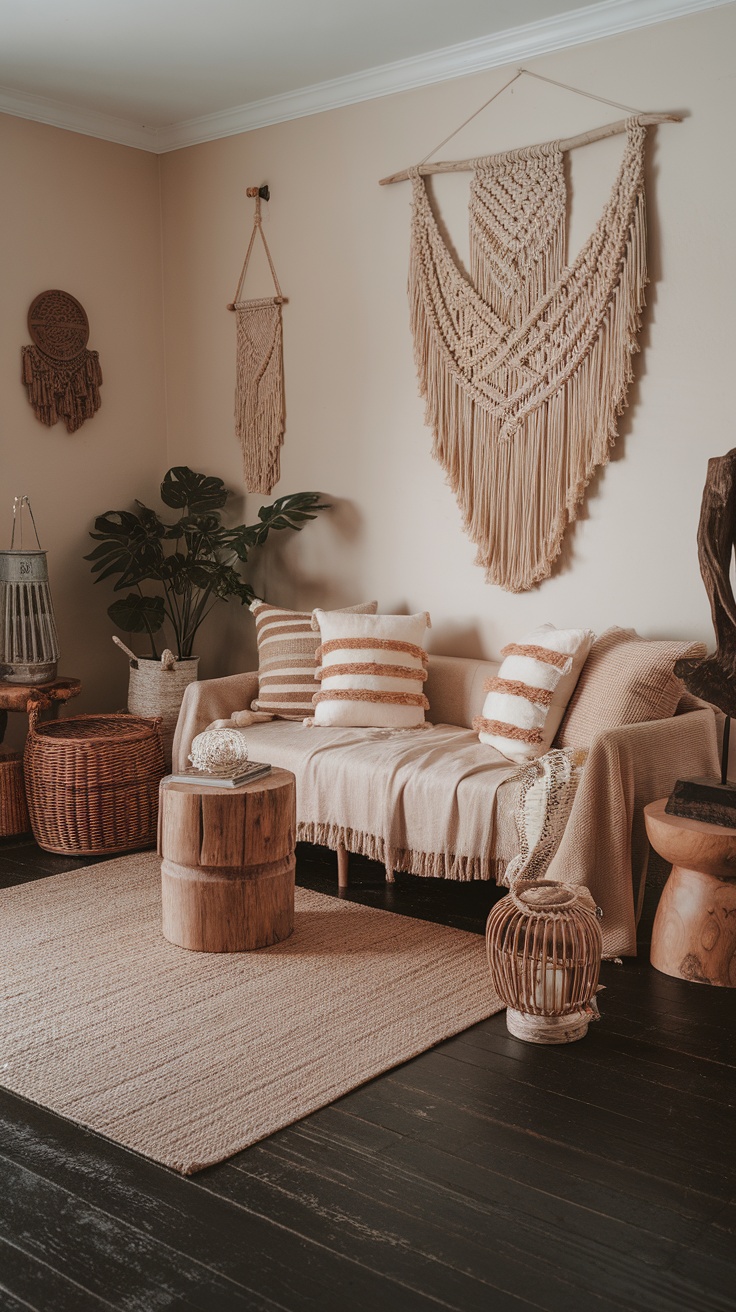 Cozy boho living room featuring macramé wall hangings, a comfortable couch with striped cushions, and natural decor elements.