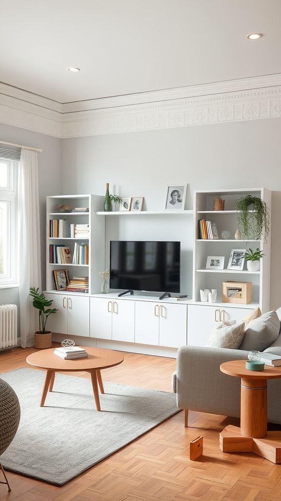A modern living room with a clean design featuring white furniture, wooden accents, and greenery