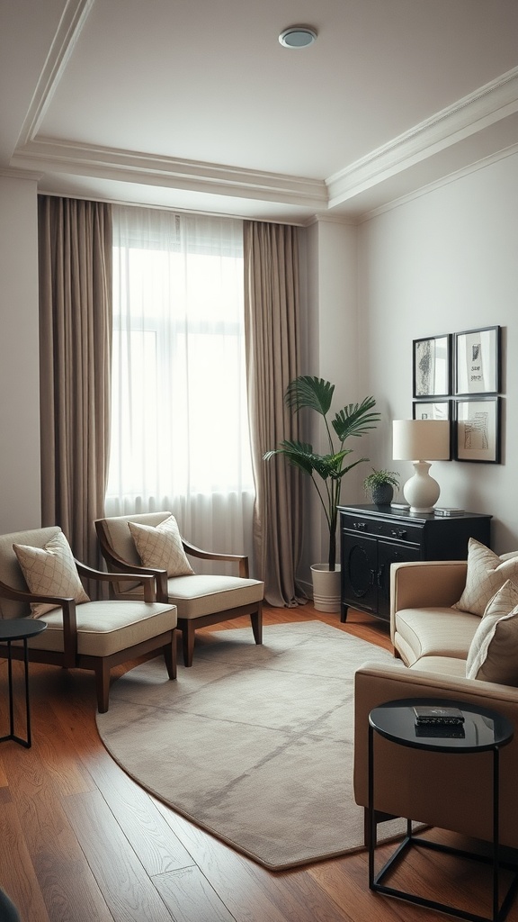 A cozy and elegantly arranged living room with comfortable chairs, a stylish lamp, and a plant, showcasing a clutter-free environment.