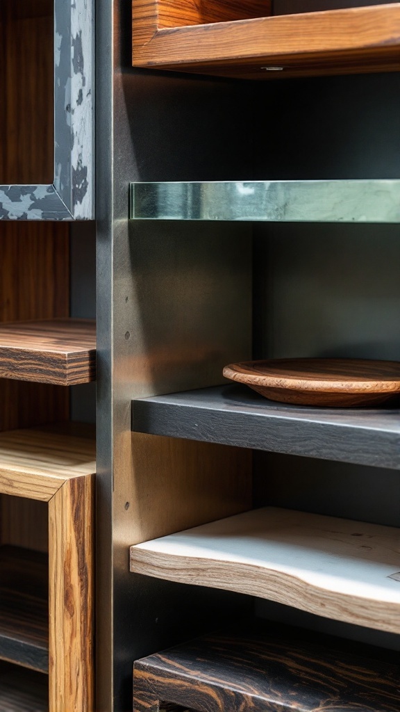 A close-up view of various corner shelf materials with wood and metal finishes.