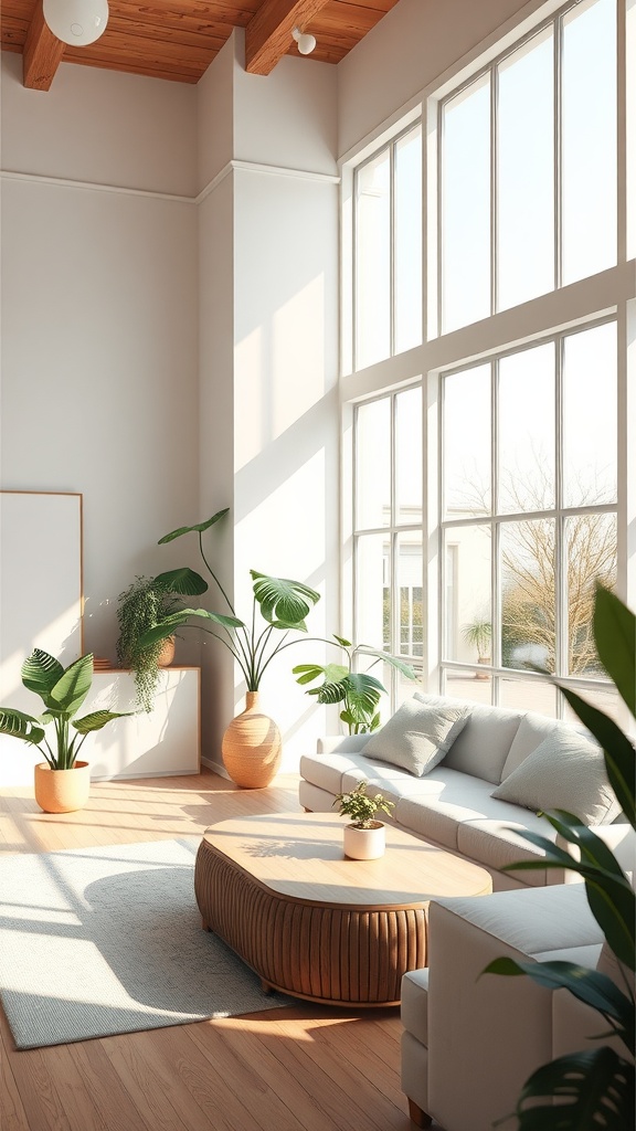 Bright and airy organic modern living room with large windows and indoor plants