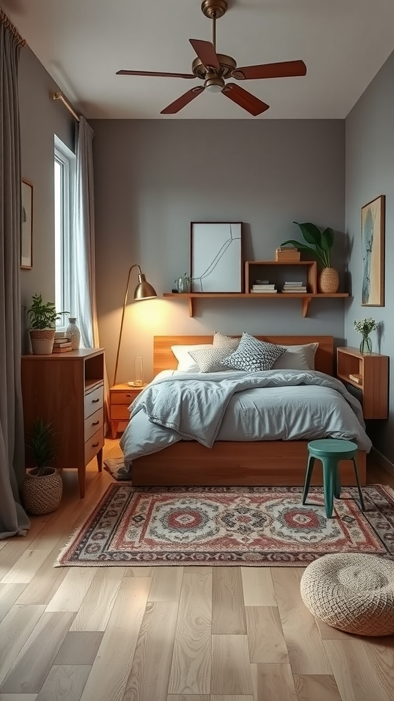 A cozy neutral bedroom featuring a wooden bed, shelves, and warm lighting