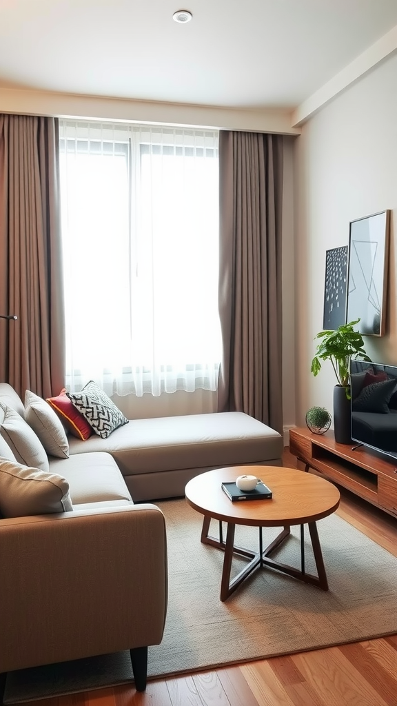 Cozy living room with a sectional sofa, round coffee table, large windows, and potted plants.